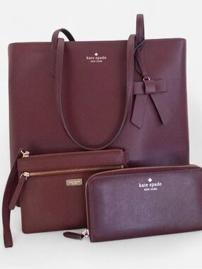 kate spade Burgundy Leather Tote with Matching Wallet & Wristlet and Bow Charm